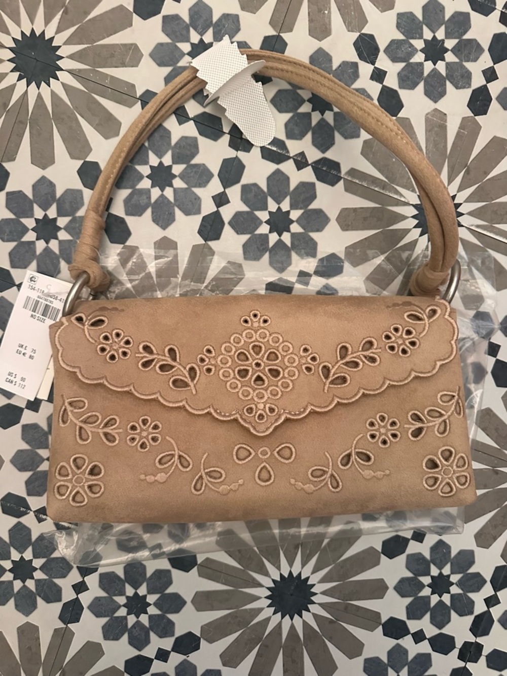 NWT Abercrombie Embroidered Floral Suede Shoulder Bag - Tan